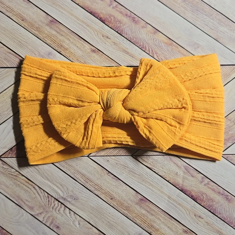 Boho Kids Bowknot Headband Mustard Yellow Cable Knit Baby Turban Soft Hairband